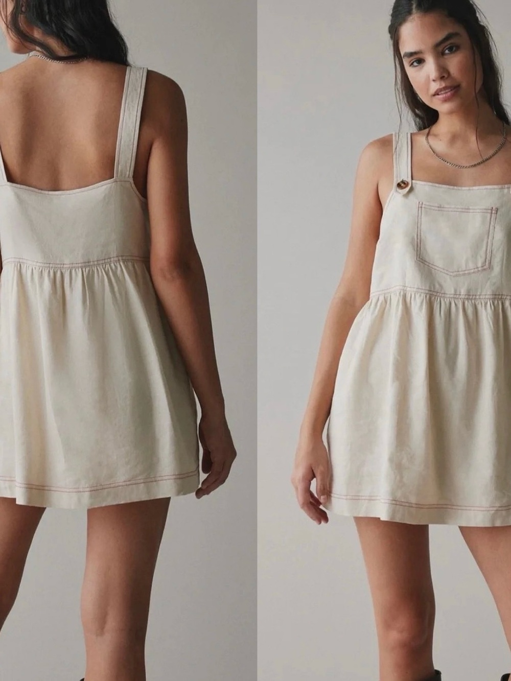 NWT ReMADE By UO Made In LA EcoVero™ Cream Linen Shortall Button-Straps Dress S - Picture 2 of 9